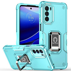 Coque Contour Silicone et Plastique Housse Etui Mat avec Magnetique Support Bague Anneau S03 pour Motorola Moto Edge (2022) 5G Cyan