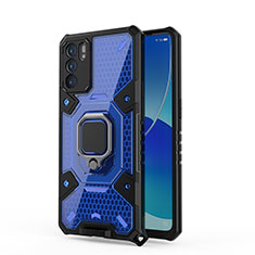 Coque Contour Silicone et Plastique Housse Etui Mat avec Magnetique Support Bague Anneau S04 pour Oppo Reno6 5G Bleu