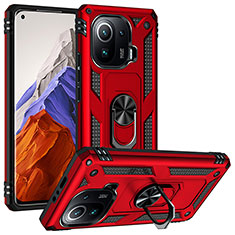 Coque Contour Silicone et Plastique Housse Etui Mat avec Magnetique Support Bague Anneau S04 pour Xiaomi Mi 11 Pro 5G Rouge