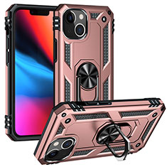 Coque Contour Silicone et Plastique Housse Etui Mat avec Magnetique Support Bague Anneau S05 pour Apple iPhone 14 Or Rose