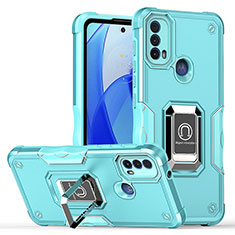 Coque Contour Silicone et Plastique Housse Etui Mat avec Magnetique Support Bague Anneau S05 pour Motorola Moto E20 Cyan