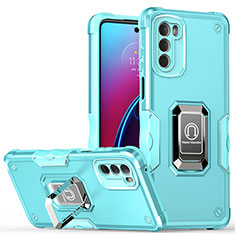 Coque Contour Silicone et Plastique Housse Etui Mat avec Magnetique Support Bague Anneau S05 pour Motorola Moto G Stylus (2022) 5G Cyan