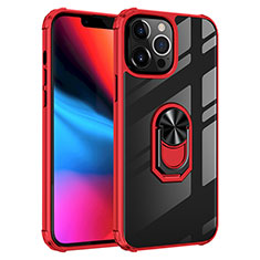 Coque Contour Silicone et Plastique Housse Etui Mat avec Magnetique Support Bague Anneau S06 pour Apple iPhone 13 Pro Max Rouge