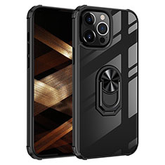 Coque Contour Silicone et Plastique Housse Etui Mat avec Magnetique Support Bague Anneau S06 pour Apple iPhone 15 Pro Noir