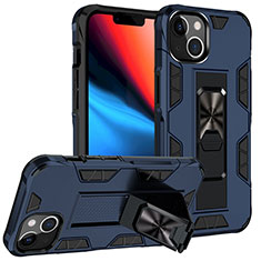 Coque Contour Silicone et Plastique Housse Etui Mat avec Magnetique Support Bague Anneau S07 pour Apple iPhone 14 Bleu