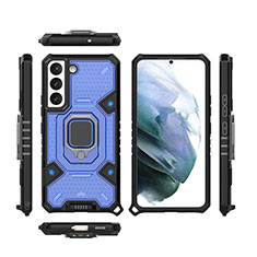 Coque Contour Silicone et Plastique Housse Etui Mat avec Magnetique Support Bague Anneau S07 pour Samsung Galaxy S21 FE 5G Bleu