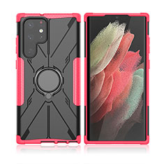 Coque Contour Silicone et Plastique Housse Etui Mat avec Magnetique Support Bague Anneau T09 pour Samsung Galaxy S22 Ultra 5G Rose Rouge