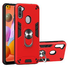 Coque Contour Silicone et Plastique Housse Etui Mat avec Magnetique Support Bague Anneau Y01B pour Samsung Galaxy M11 Rouge