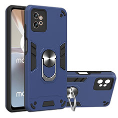 Coque Contour Silicone et Plastique Housse Etui Mat avec Magnetique Support Bague Anneau YB1 pour Motorola Moto G32 Bleu