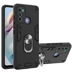 Coque Contour Silicone et Plastique Housse Etui Mat avec Magnetique Support Bague Anneau YB1 pour Motorola Moto G60 Noir