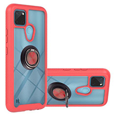 Coque Contour Silicone et Plastique Housse Etui Mat avec Magnetique Support Bague Anneau YB1 pour Realme C25Y India Rouge