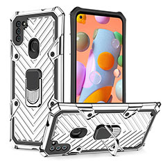 Coque Contour Silicone et Plastique Housse Etui Mat avec Magnetique Support Bague Anneau YF1 pour Samsung Galaxy A11 Argent