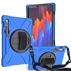 Coque Contour Silicone et Plastique Housse Etui Mat avec Support A02 pour Samsung Galaxy Tab S7 11 Wi-Fi SM-T870 Bleu