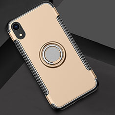 Coque Contour Silicone et Plastique Housse Etui Mat avec Support Bague Anneau S01 pour Apple iPhone XR Or