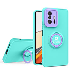 Coque Contour Silicone et Plastique Housse Etui Mat avec Support H01P pour Xiaomi Mi 11T 5G Cyan