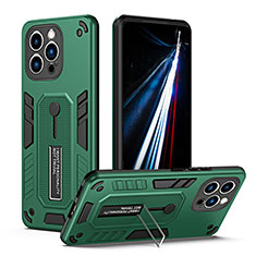 Coque Contour Silicone et Plastique Housse Etui Mat avec Support H01X pour Apple iPhone 15 Pro Max Vert