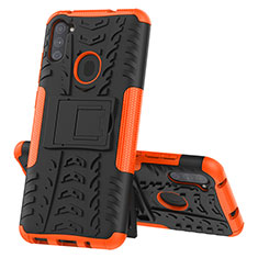 Coque Contour Silicone et Plastique Housse Etui Mat avec Support J01X pour Samsung Galaxy A11 Orange