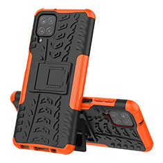 Coque Contour Silicone et Plastique Housse Etui Mat avec Support J01X pour Samsung Galaxy A12 Nacho Orange