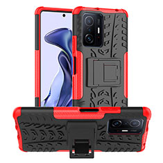 Coque Contour Silicone et Plastique Housse Etui Mat avec Support JX1 pour Xiaomi Mi 11T 5G Rouge