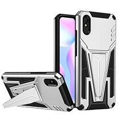 Coque Contour Silicone et Plastique Housse Etui Mat avec Support MQ1 pour Xiaomi Redmi 9A Argent