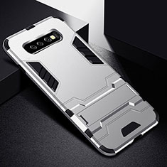 Coque Contour Silicone et Plastique Housse Etui Mat avec Support R02 pour Samsung Galaxy S10 5G Argent