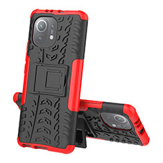 Coque Contour Silicone et Plastique Housse Etui Mat avec Support R07 pour Xiaomi Mi 11 Lite 5G NE Rouge