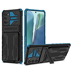 Coque Contour Silicone et Plastique Housse Etui Mat avec Support YF1 pour Samsung Galaxy Note 20 5G Bleu