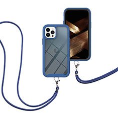 Coque Contour Silicone et Plastique Housse Etui Protection Integrale 360 Degres avec Laniere Strap pour Apple iPhone 13 Pro Max Bleu