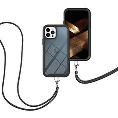 Coque Contour Silicone et Plastique Housse Etui Protection Integrale 360 Degres avec Laniere Strap pour Apple iPhone 13 Pro Noir