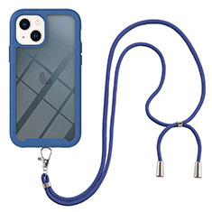 Coque Contour Silicone et Plastique Housse Etui Protection Integrale 360 Degres avec Laniere Strap pour Apple iPhone 14 Bleu