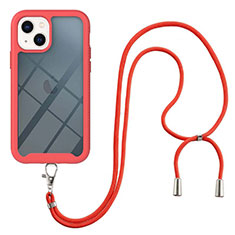 Coque Contour Silicone et Plastique Housse Etui Protection Integrale 360 Degres avec Laniere Strap pour Apple iPhone 14 Plus Rouge