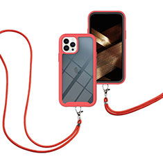 Coque Contour Silicone et Plastique Housse Etui Protection Integrale 360 Degres avec Laniere Strap pour Apple iPhone 14 Pro Rouge