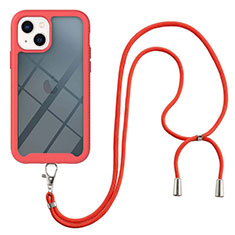 Coque Contour Silicone et Plastique Housse Etui Protection Integrale 360 Degres avec Laniere Strap pour Apple iPhone 15 Rouge