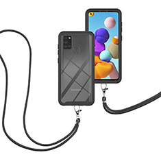 Coque Contour Silicone et Plastique Housse Etui Protection Integrale 360 Degres avec Laniere Strap pour Samsung Galaxy A21s Noir