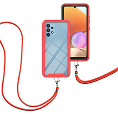 Coque Contour Silicone et Plastique Housse Etui Protection Integrale 360 Degres avec Laniere Strap pour Samsung Galaxy A32 5G Rouge