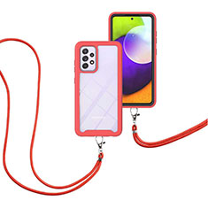 Coque Contour Silicone et Plastique Housse Etui Protection Integrale 360 Degres avec Laniere Strap pour Samsung Galaxy A52 4G Rouge