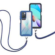 Coque Contour Silicone et Plastique Housse Etui Protection Integrale 360 Degres avec Laniere Strap pour Xiaomi Redmi 10 4G Bleu
