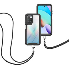 Coque Contour Silicone et Plastique Housse Etui Protection Integrale 360 Degres avec Laniere Strap pour Xiaomi Redmi 10 4G Noir