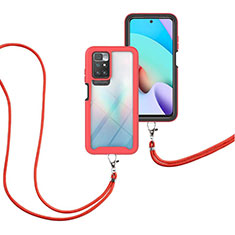 Coque Contour Silicone et Plastique Housse Etui Protection Integrale 360 Degres avec Laniere Strap pour Xiaomi Redmi 10 4G Rouge