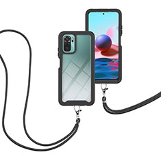 Coque Contour Silicone et Plastique Housse Etui Protection Integrale 360 Degres avec Laniere Strap pour Xiaomi Redmi Note 10 4G Noir