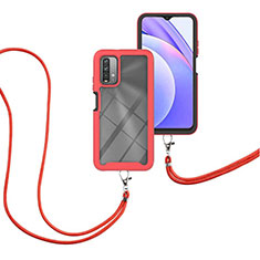 Coque Contour Silicone et Plastique Housse Etui Protection Integrale 360 Degres avec Laniere Strap pour Xiaomi Redmi Note 9 4G Rouge