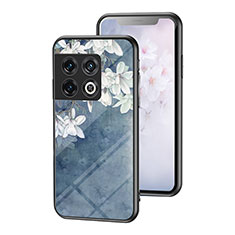 Coque Contour Silicone et Vitre Fleurs Miroir Etui Housse pour OnePlus 10 Pro 5G Bleu