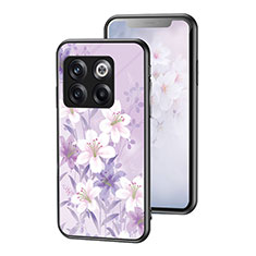 Coque Contour Silicone et Vitre Fleurs Miroir Etui Housse pour OnePlus 10T 5G Violet Clair