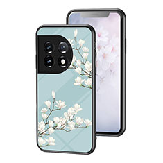 Coque Contour Silicone et Vitre Fleurs Miroir Etui Housse pour OnePlus 11 5G Cyan