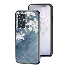 Coque Contour Silicone et Vitre Fleurs Miroir Etui Housse pour OnePlus 9 5G Bleu