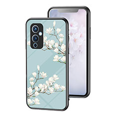 Coque Contour Silicone et Vitre Fleurs Miroir Etui Housse pour OnePlus 9 5G Cyan