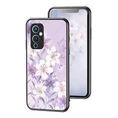 Coque Contour Silicone et Vitre Fleurs Miroir Etui Housse pour OnePlus 9 5G Violet Clair