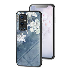 Coque Contour Silicone et Vitre Fleurs Miroir Etui Housse pour OnePlus 9 Pro 5G Bleu