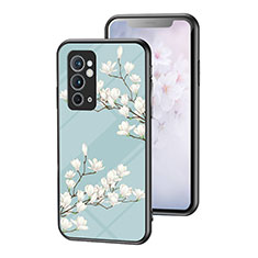 Coque Contour Silicone et Vitre Fleurs Miroir Etui Housse pour OnePlus 9RT 5G Cyan