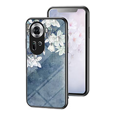 Coque Contour Silicone et Vitre Fleurs Miroir Etui Housse pour Oppo Reno11 5G Bleu